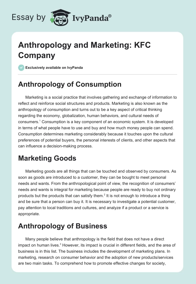 Anthropology and Marketing: KFC Company. Page 1