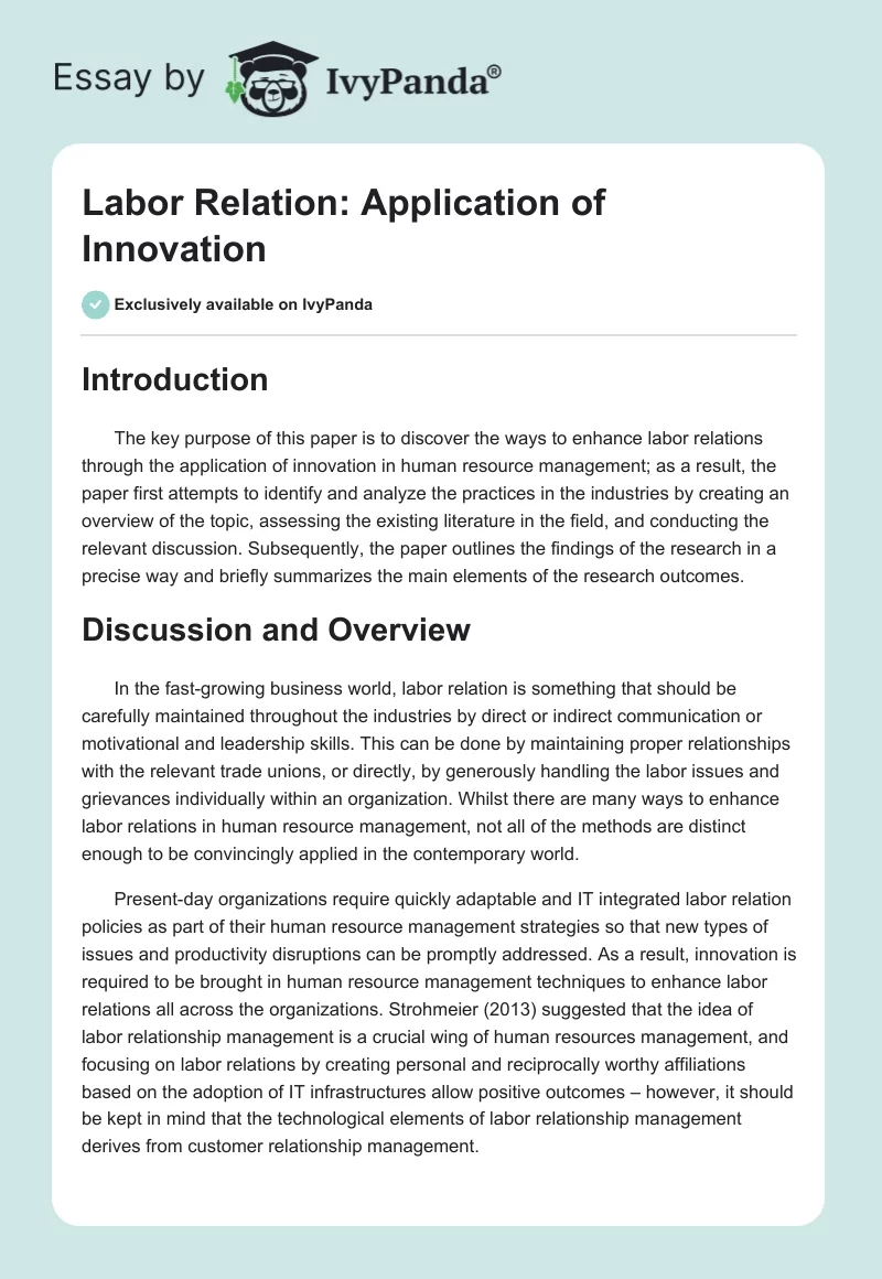 Labor Relation: Application of Innovation. Page 1