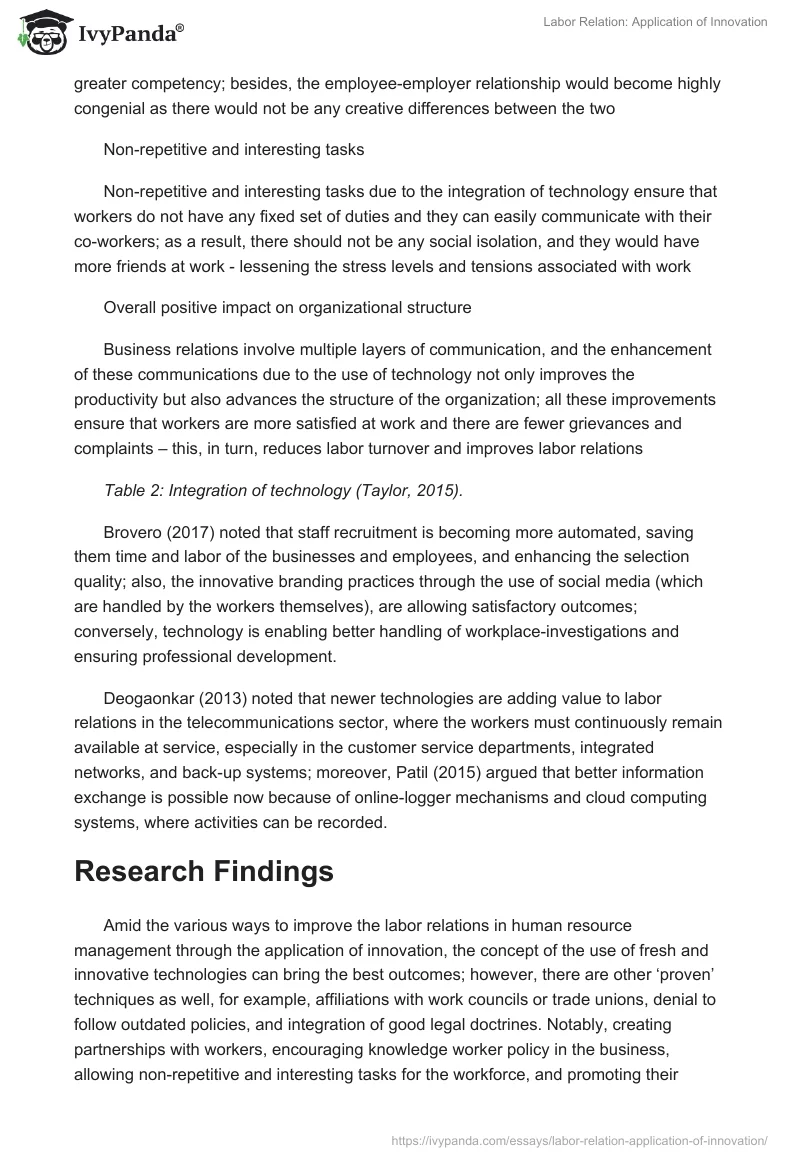 Labor Relation: Application of Innovation. Page 4