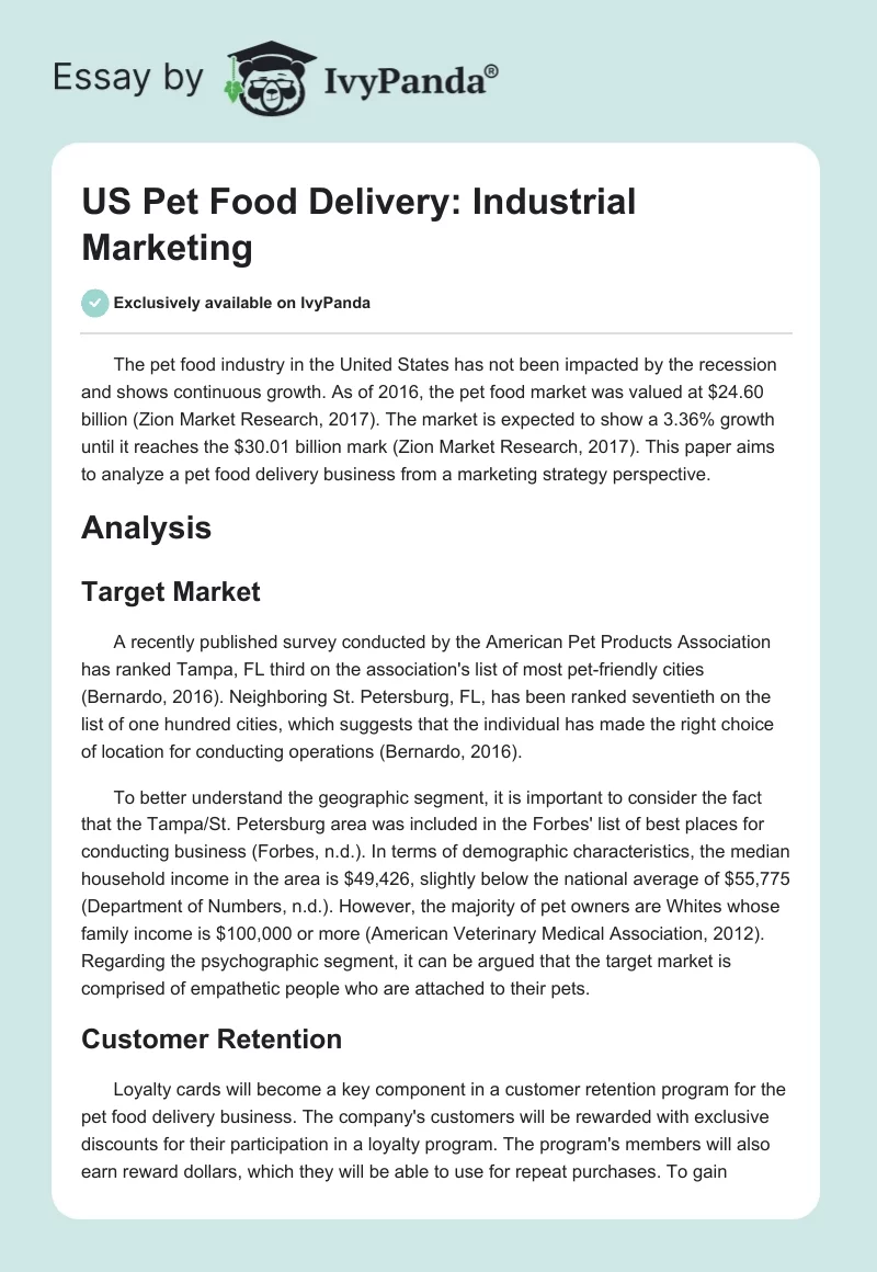 US Pet Food Delivery: Industrial Marketing. Page 1