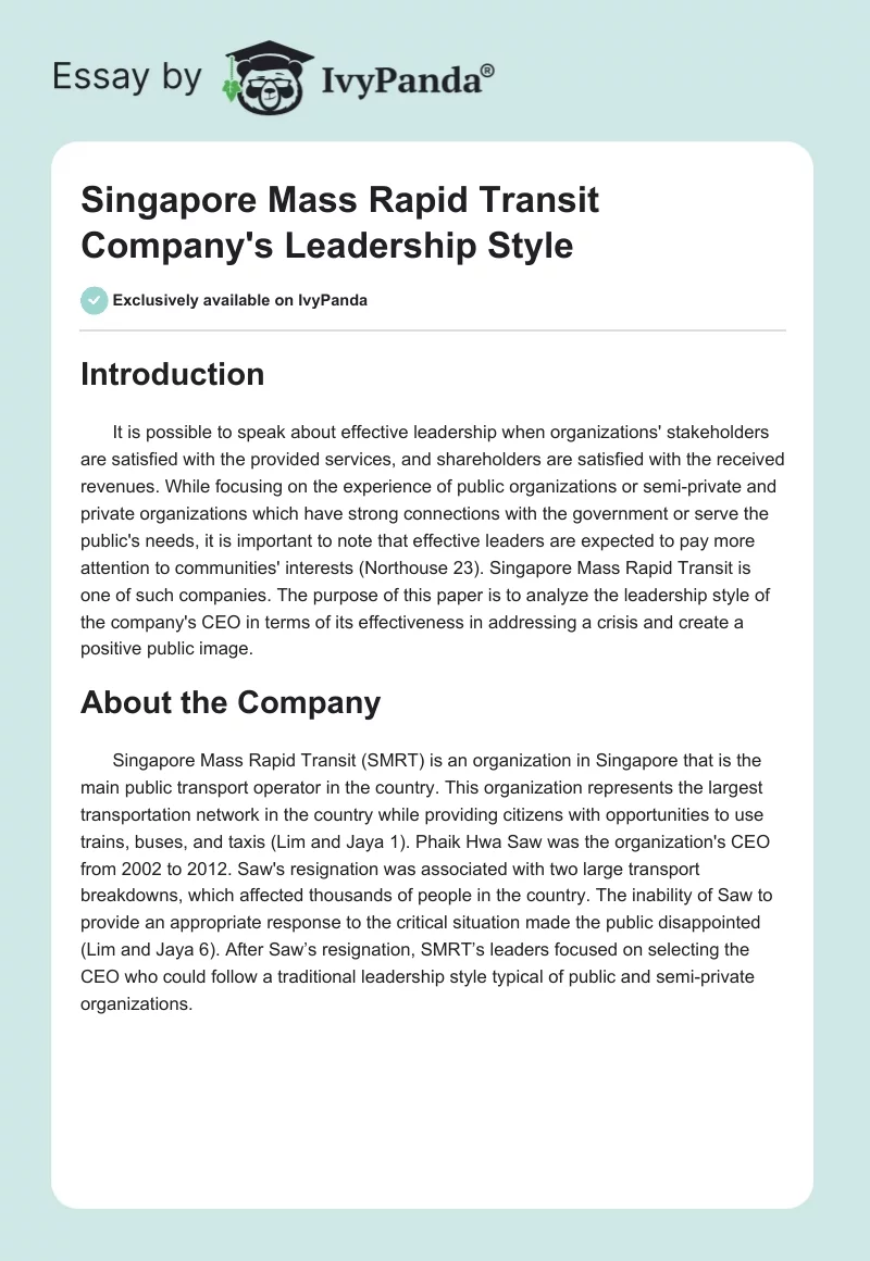 Singapore Mass Rapid Transit Company's Leadership Style. Page 1
