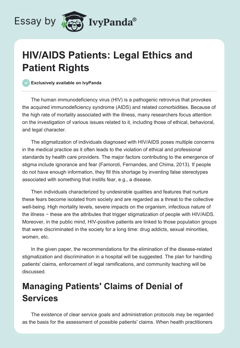 HIV/AIDS Patients: Legal Ethics and Patient Rights. Page 1