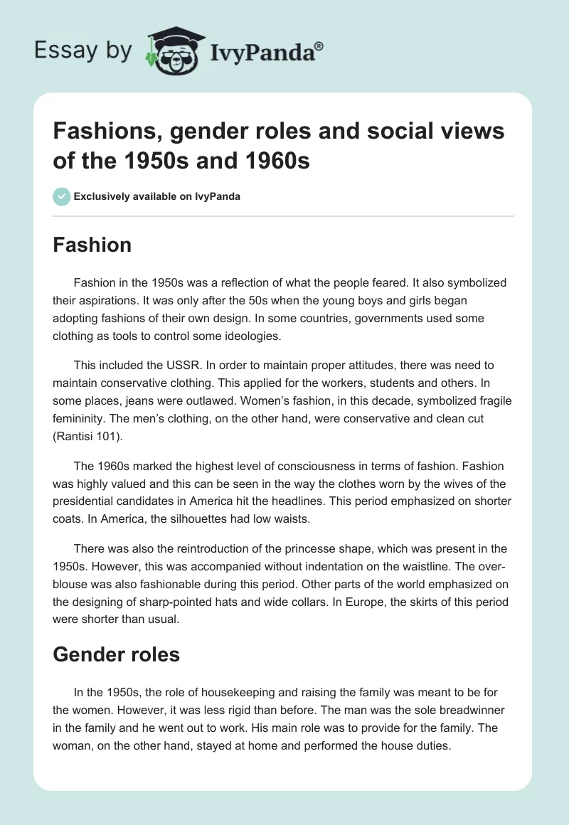 Fashions, gender roles and social views of the 1950s and 1960s. Page 1