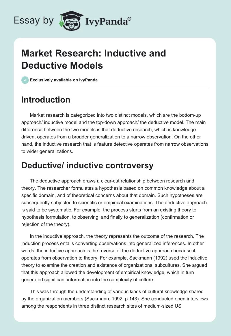 Market Research: Inductive and Deductive Models. Page 1