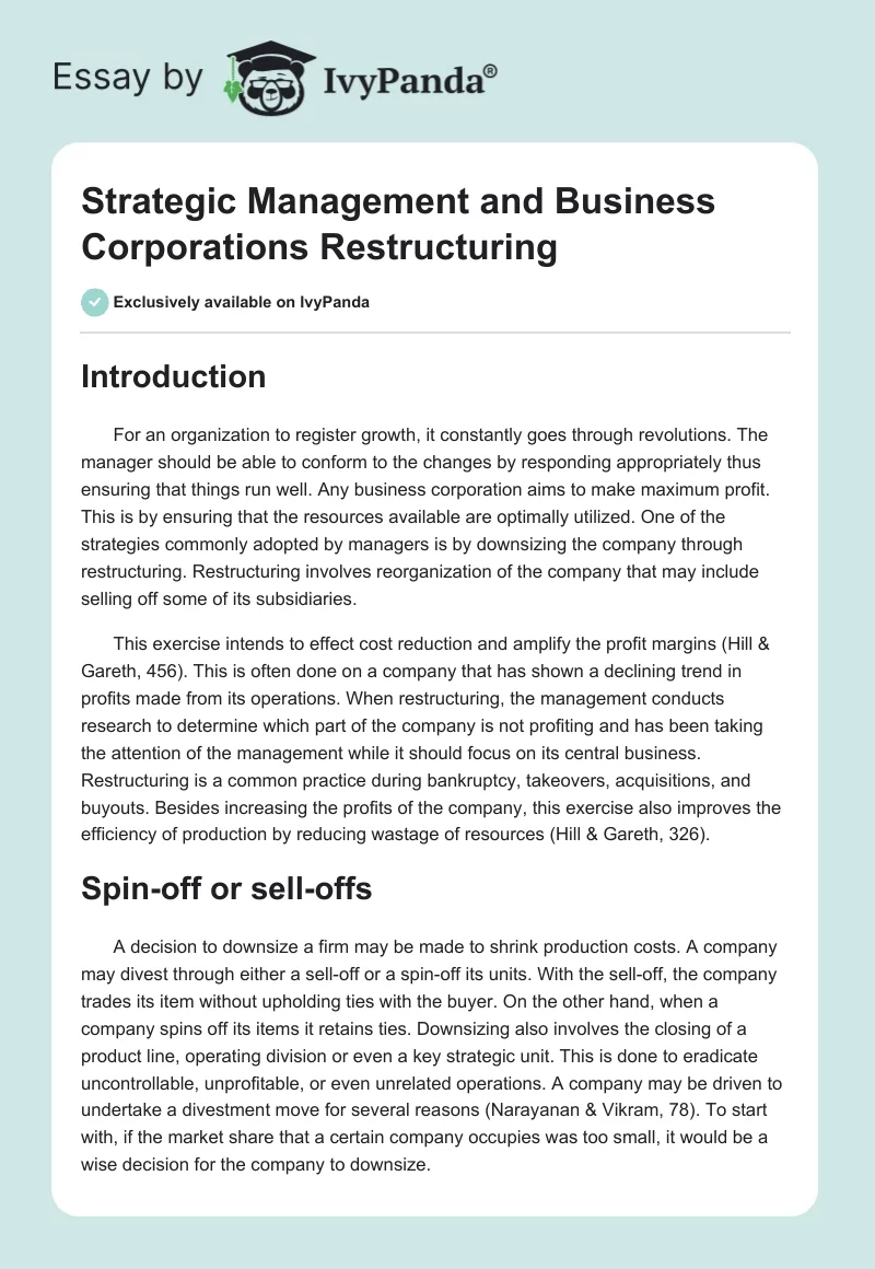 Strategic Management and Business Corporations Restructuring. Page 1