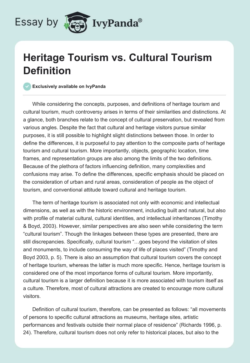 Heritage Tourism vs. Cultural Tourism Definition. Page 1