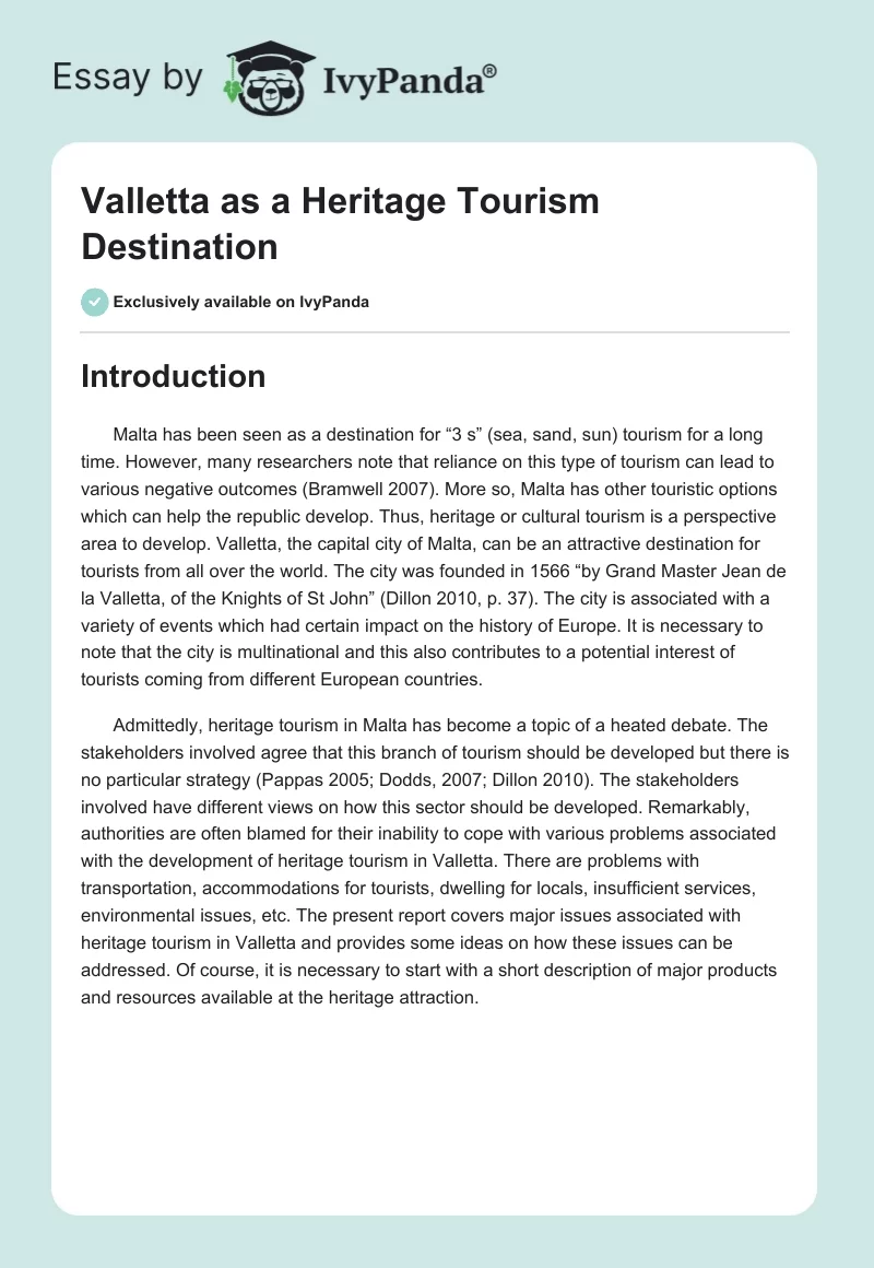 Valletta as a Heritage Tourism Destination. Page 1