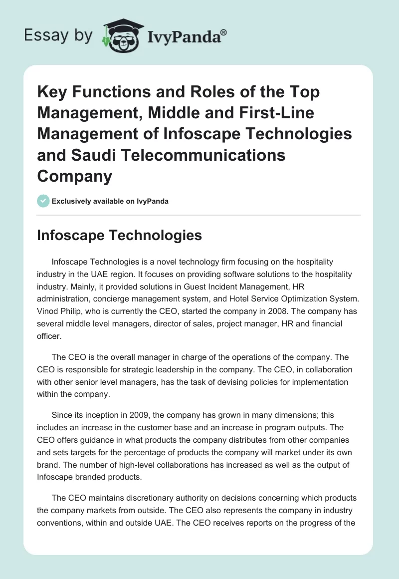 Key Functions and Roles of the Top Management, Middle and First-Line Management of Infoscape Technologies and Saudi Telecommunications Company. Page 1