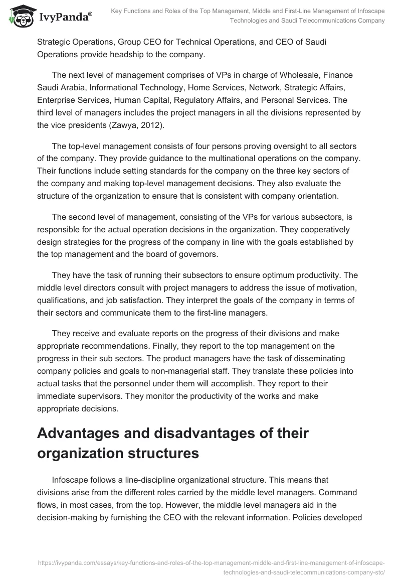 Key Functions and Roles of the Top Management, Middle and First-Line Management of Infoscape Technologies and Saudi Telecommunications Company. Page 3