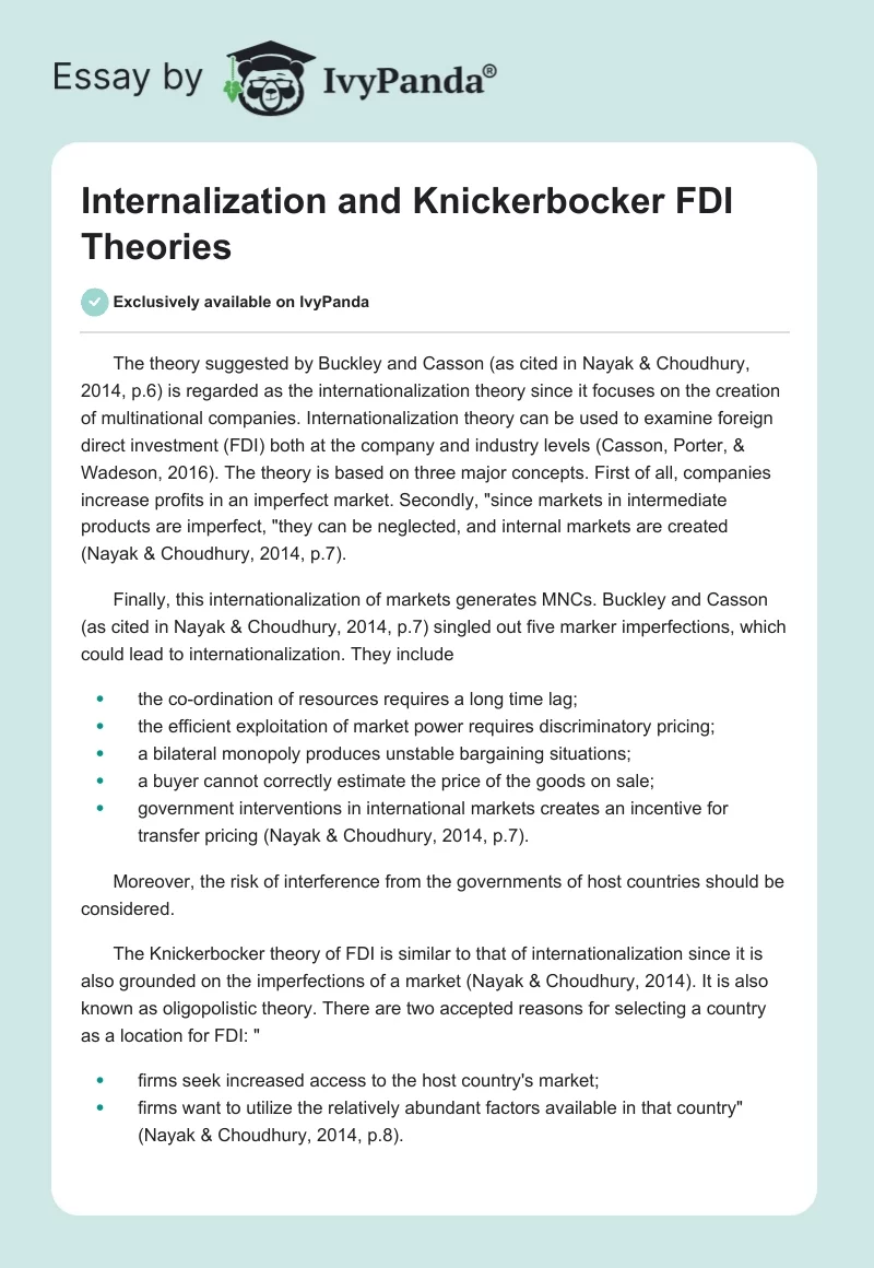 Internalization and Knickerbocker FDI Theories. Page 1