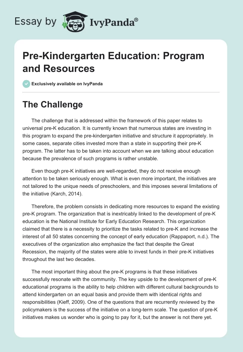 Pre-Kindergarten Education: Program and Resources. Page 1