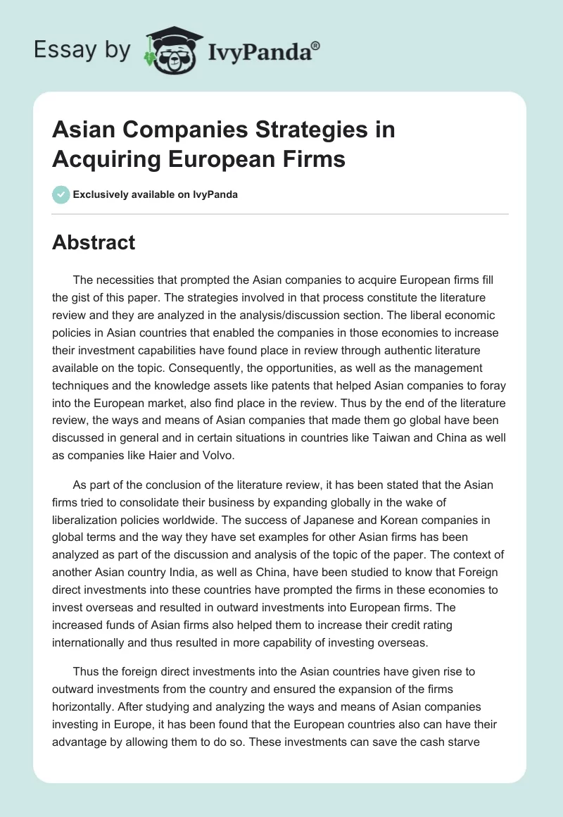Asian Companies Strategies in Acquiring European Firms. Page 1
