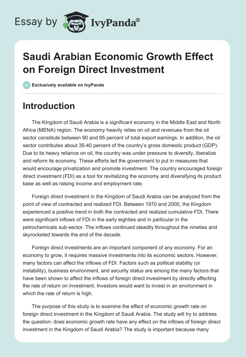 Saudi Arabian Economic Growth Effect on Foreign Direct Investment. Page 1