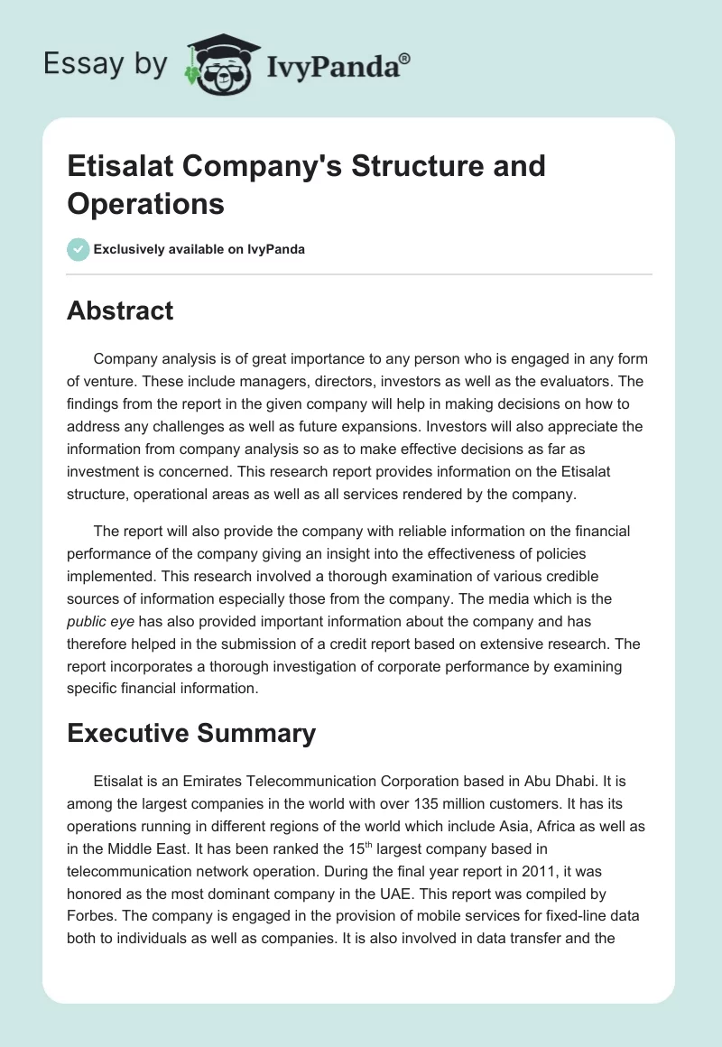 Etisalat Company's Structure and Operations. Page 1