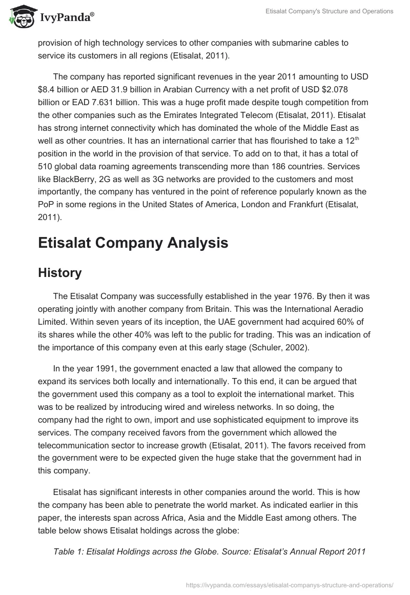 Etisalat Company's Structure and Operations. Page 2