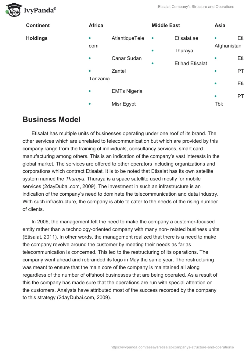 Etisalat Company's Structure and Operations. Page 3