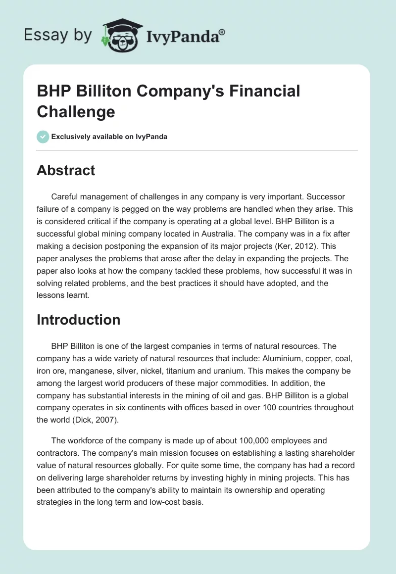 BHP Billiton Company's Financial Challenge. Page 1