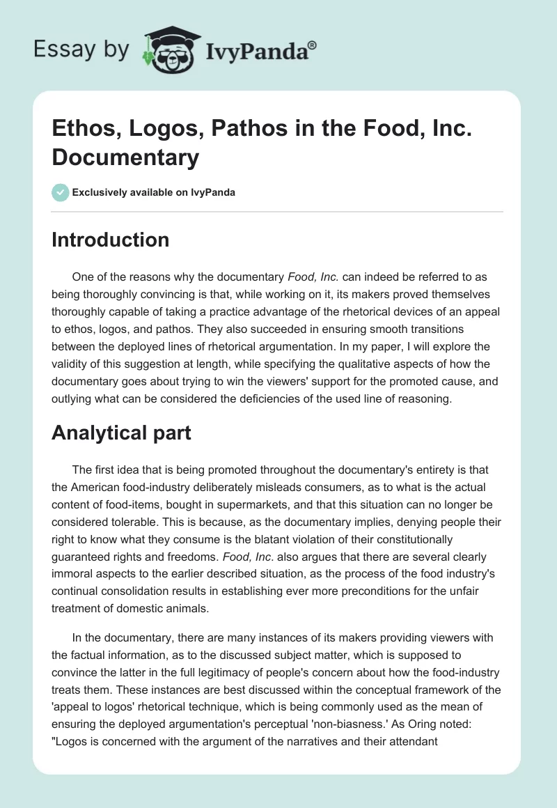 Ethos, Logos, Pathos in the Food, Inc. Documentary. Page 1