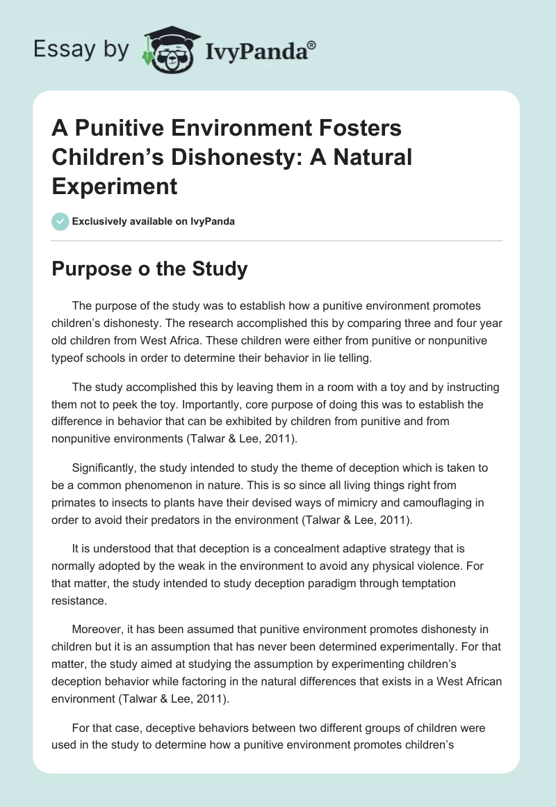 A Punitive Environment Fosters Children’s Dishonesty: A Natural Experiment. Page 1