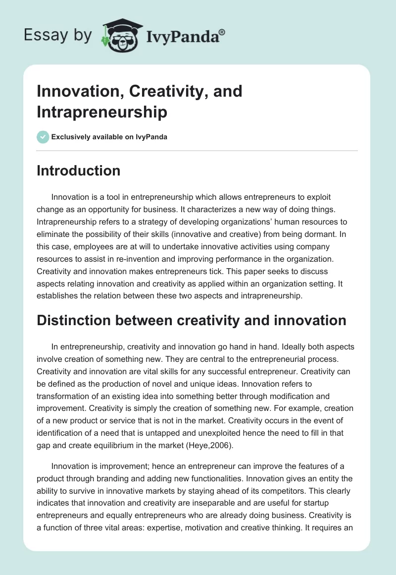 Innovation, Creativity, and Intrapreneurship. Page 1