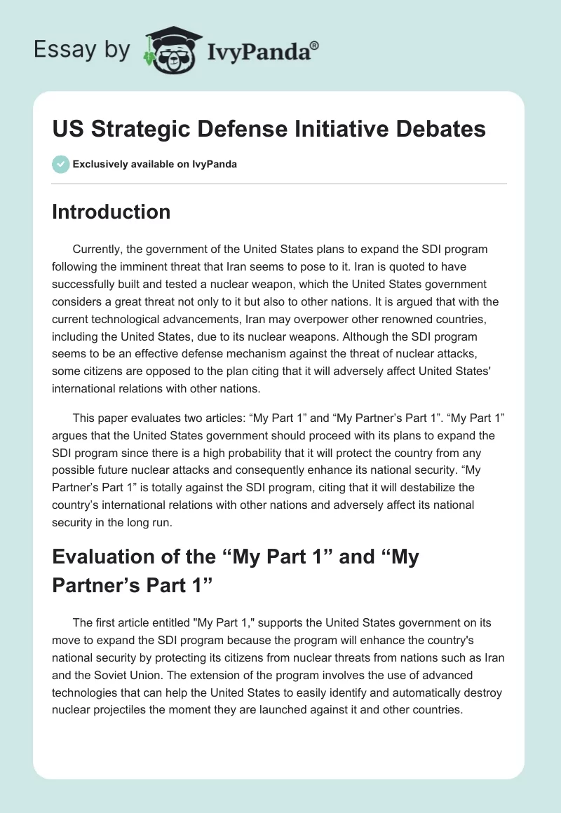 US Strategic Defense Initiative Debates. Page 1