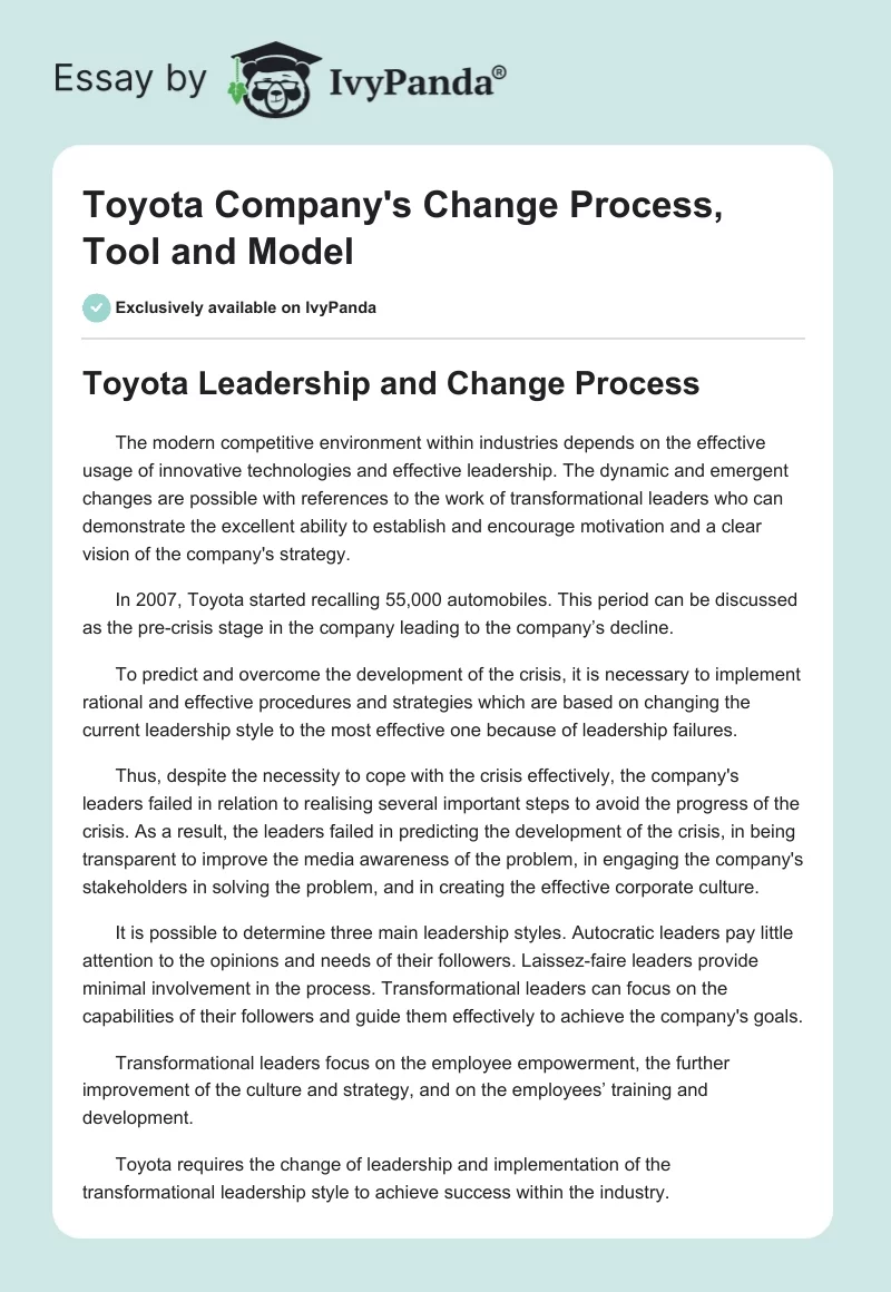 Toyota Company's Change Process, Tool and Model. Page 1