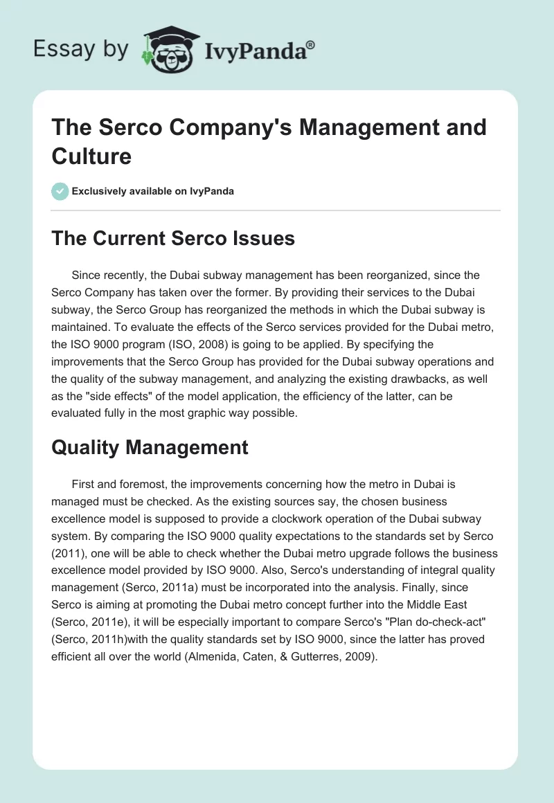 The Serco Company's Management and Culture. Page 1