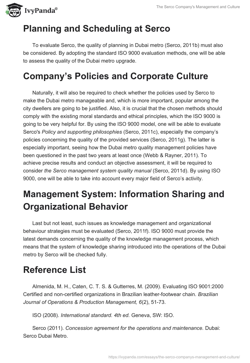 The Serco Company's Management and Culture. Page 2