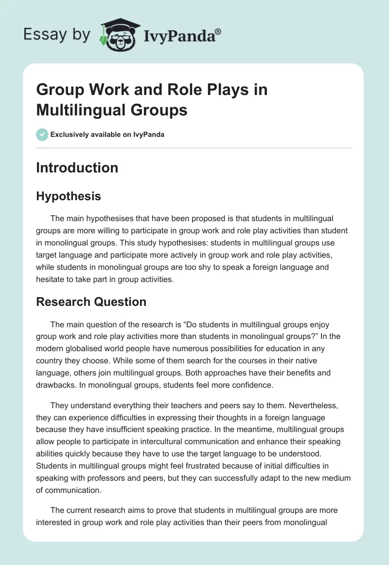 Group Work and Role Plays in Multilingual Groups. Page 1