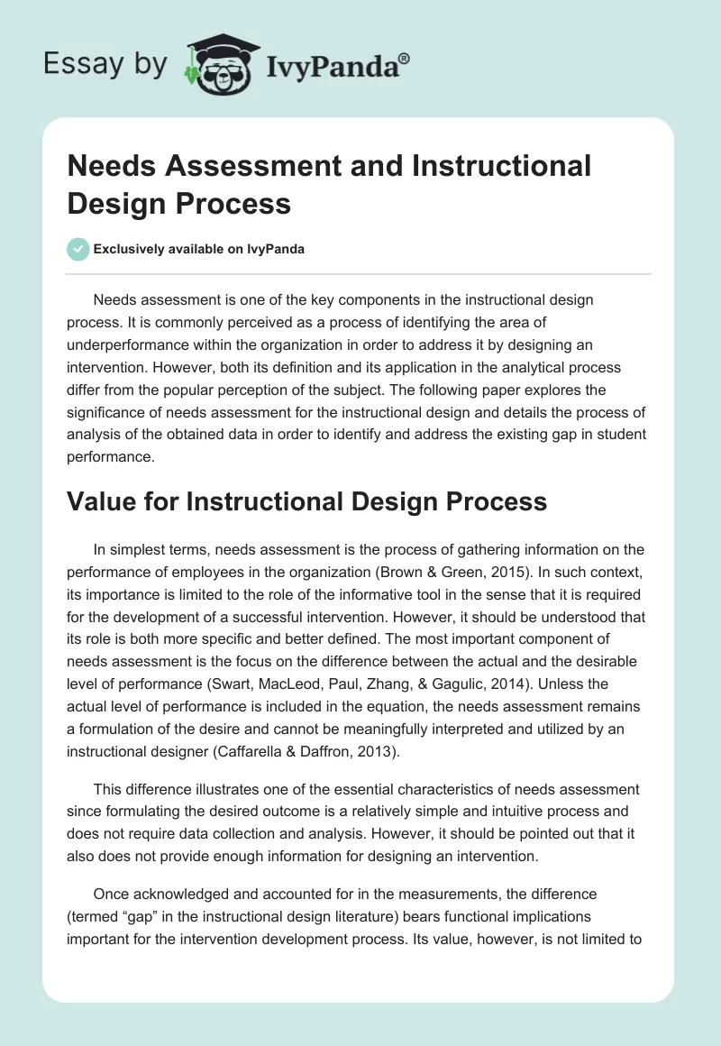 Needs Assessment and Instructional Design Process. Page 1