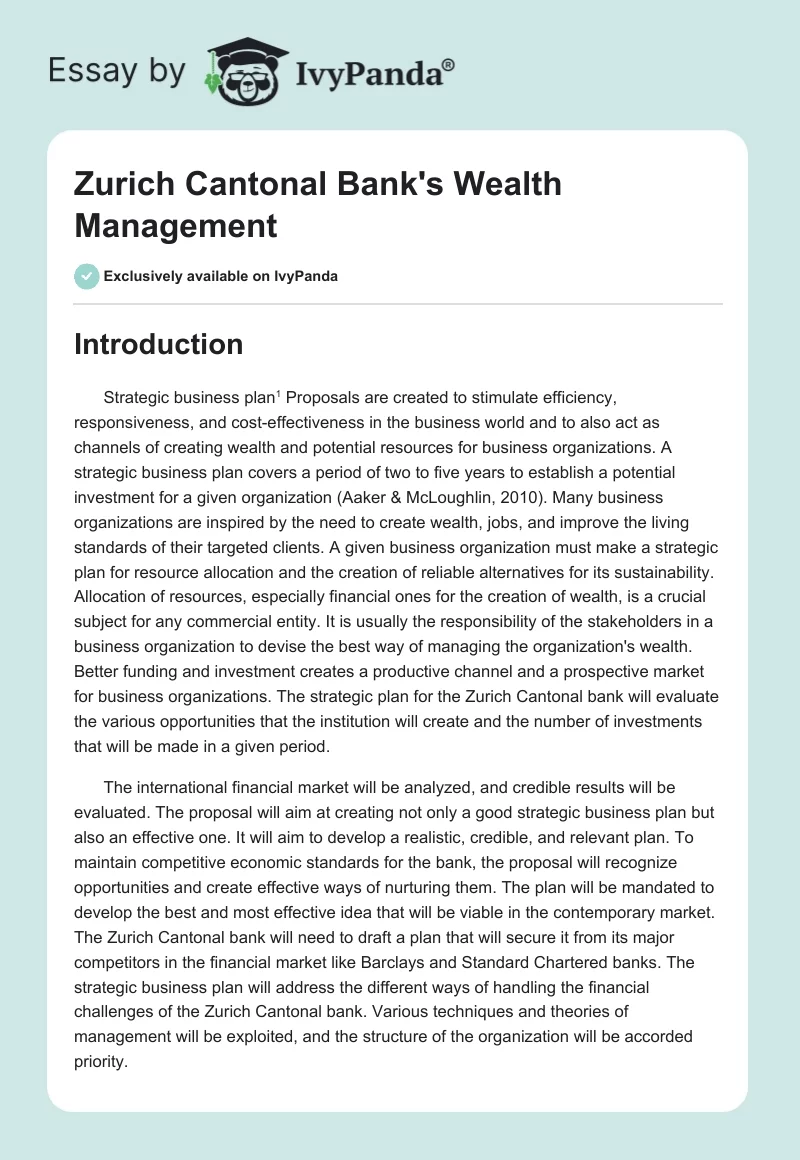 Zurich Cantonal Bank's Wealth Management. Page 1