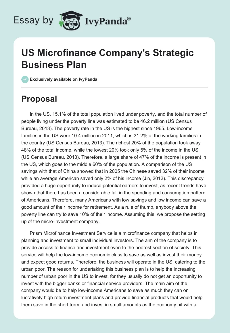 US Microfinance Company's Strategic Business Plan. Page 1