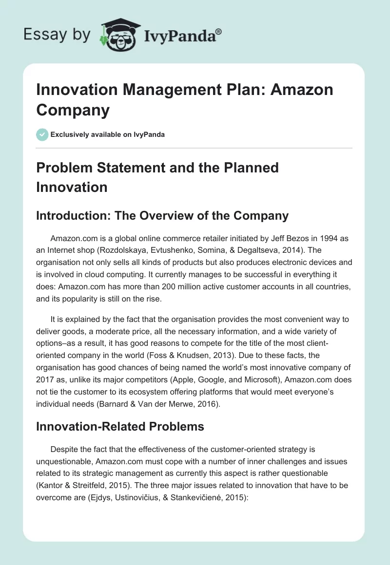 Innovation Management Plan: Amazon Company. Page 1