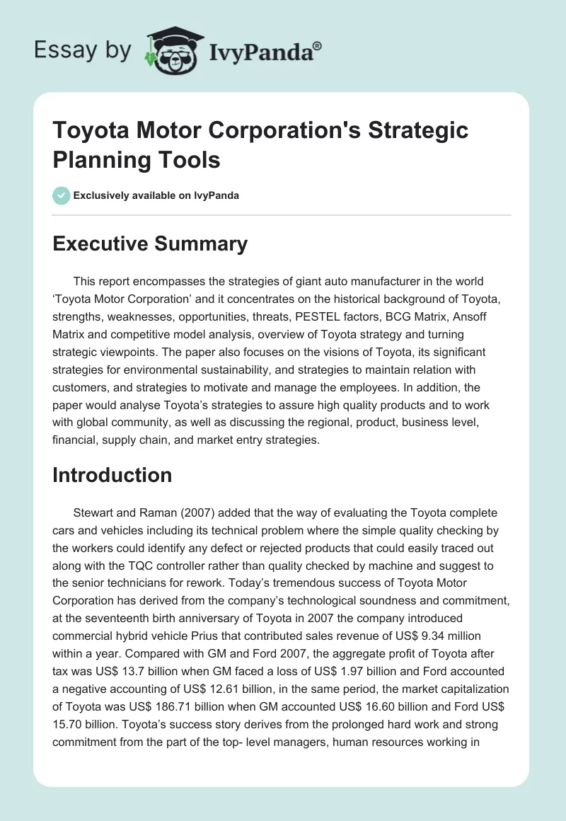 Toyota Motor Corporation's Strategic Planning Tools. Page 1