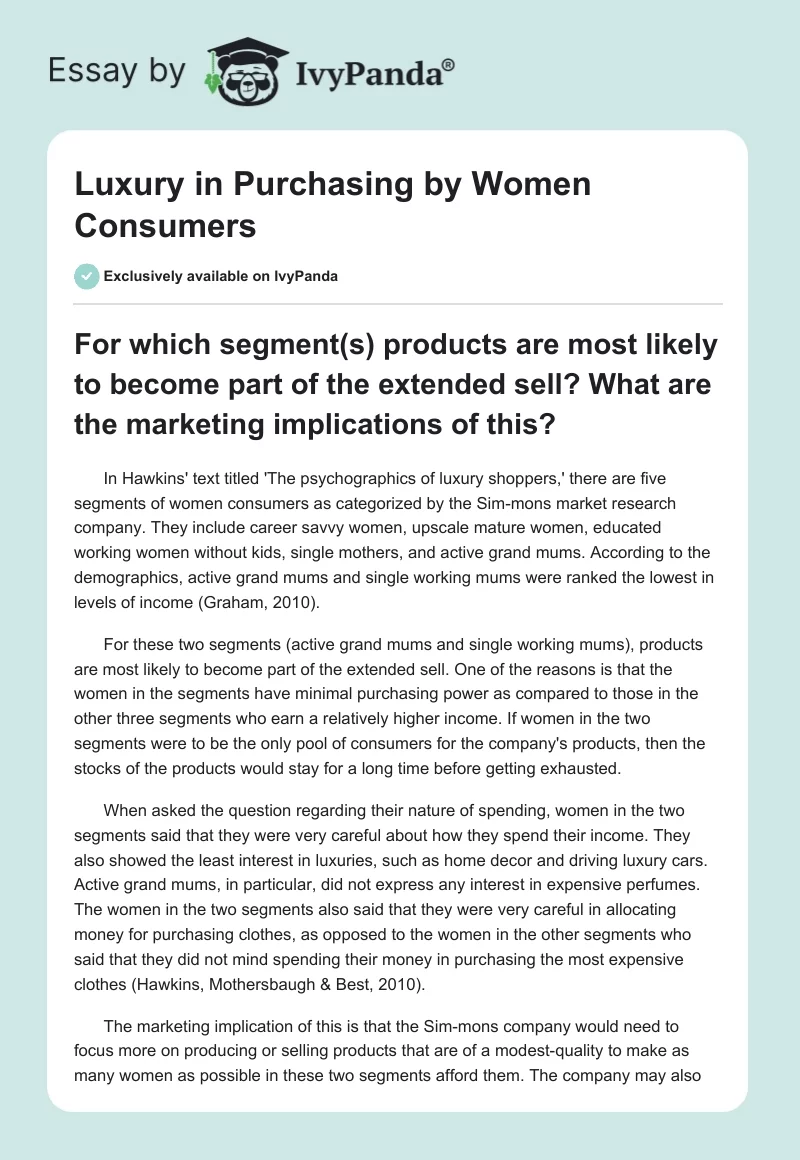Luxury in Purchasing by Women Consumers. Page 1