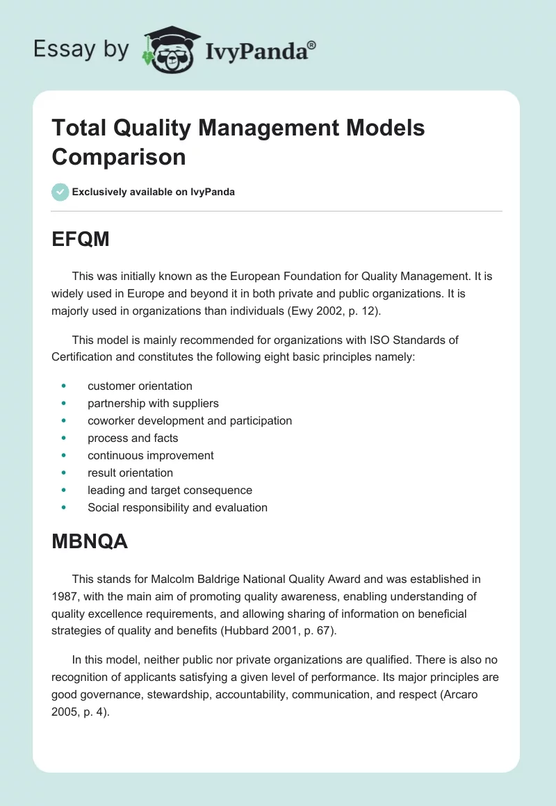 Total Quality Management Models Comparison. Page 1