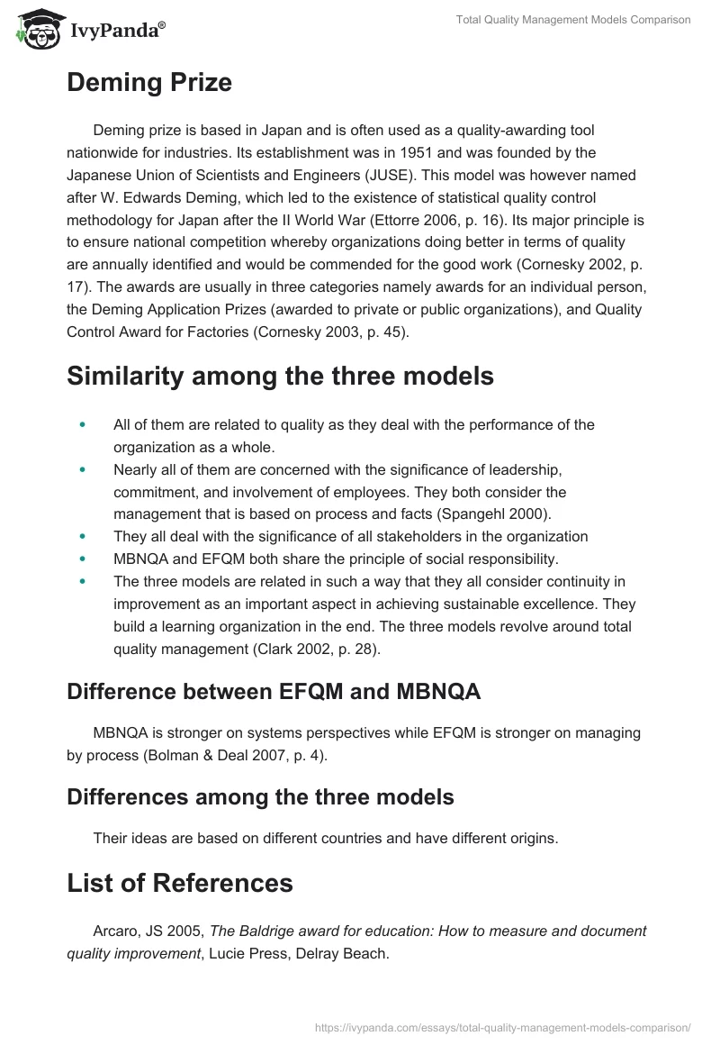 Total Quality Management Models Comparison. Page 2