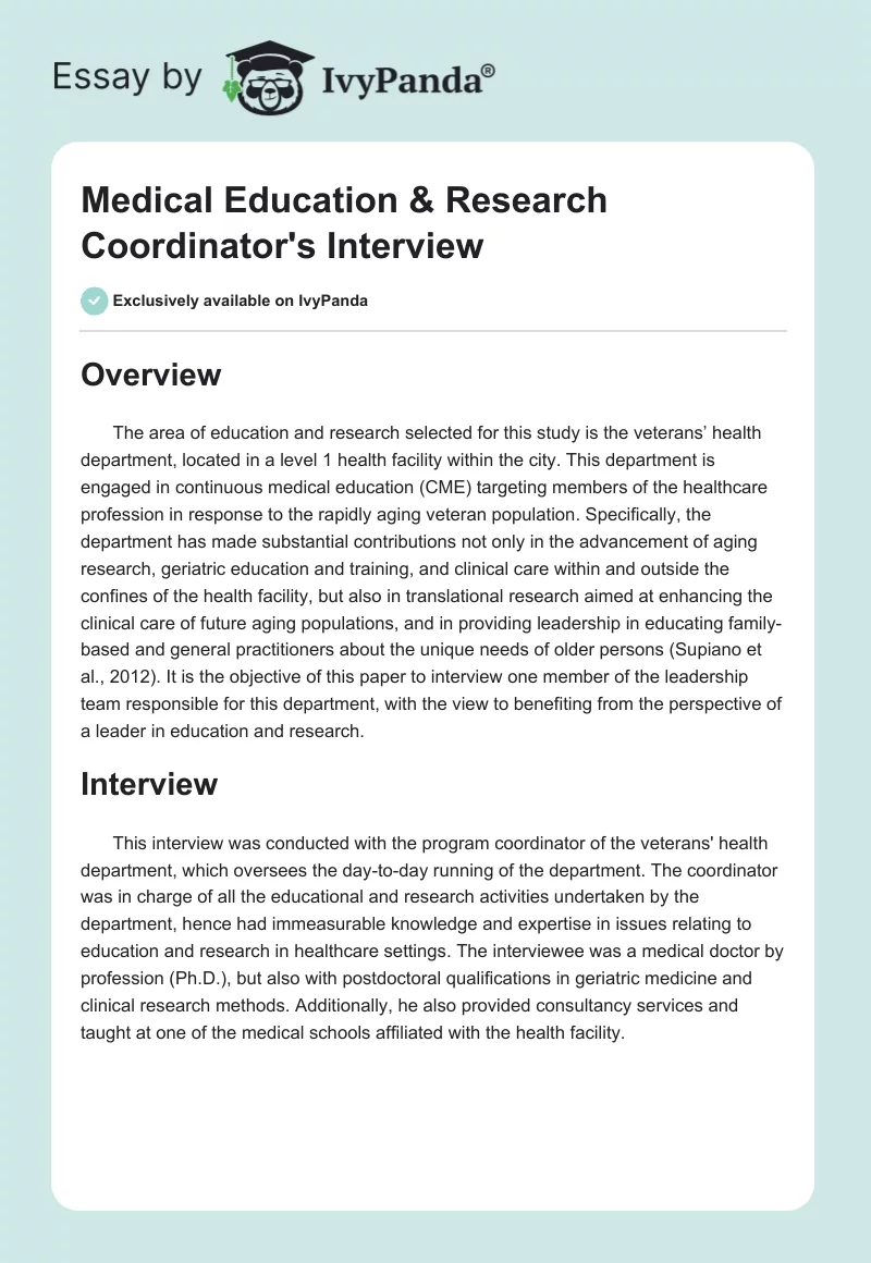 Medical Education & Research Coordinator's Interview. Page 1