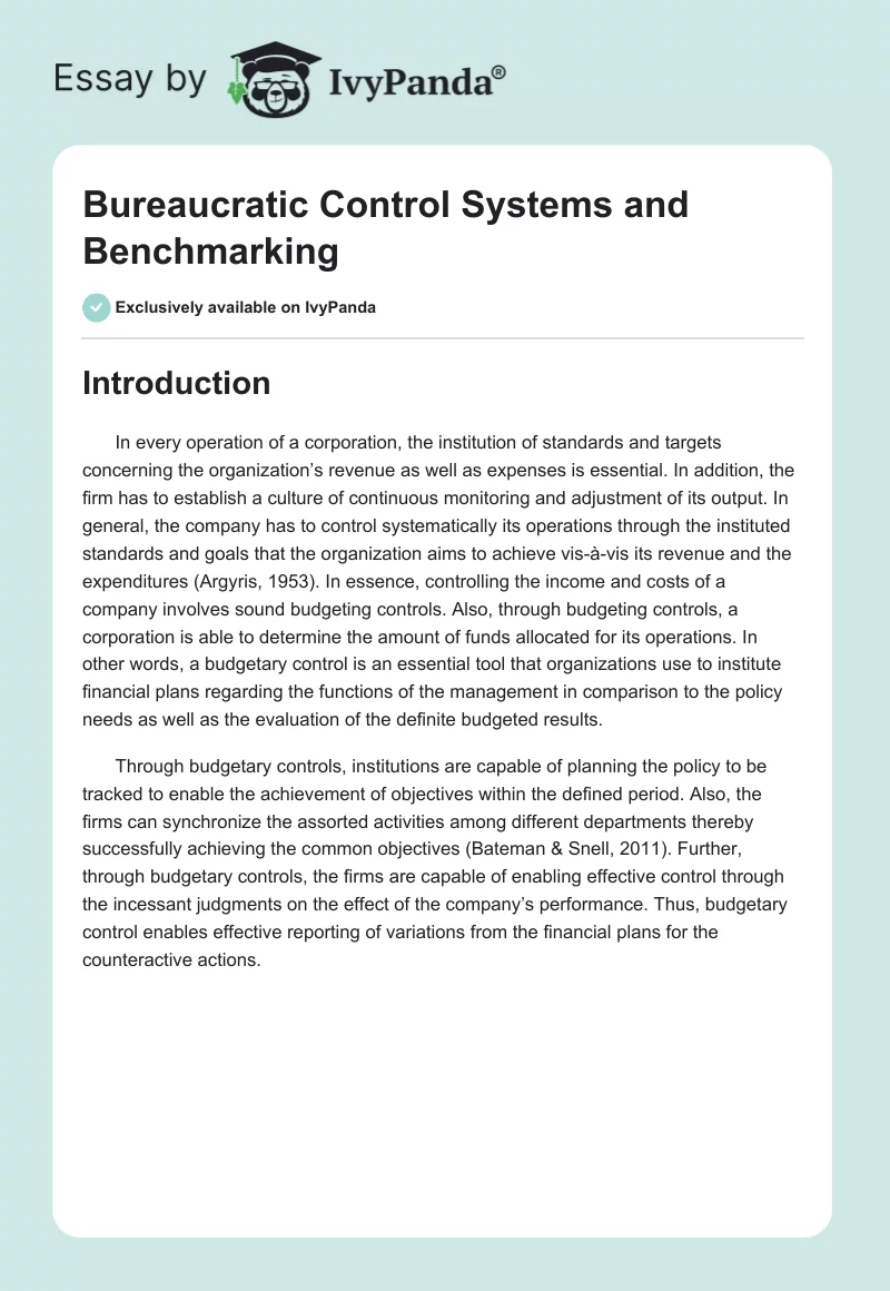 Bureaucratic Control Systems and Benchmarking. Page 1