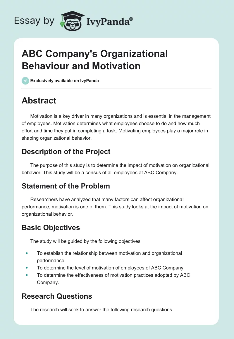 ABC Company's Organizational Behaviour and Motivation. Page 1