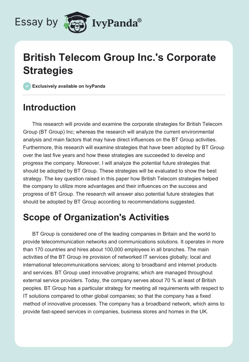 British Telecom Group Inc.'s Corporate Strategies. Page 1