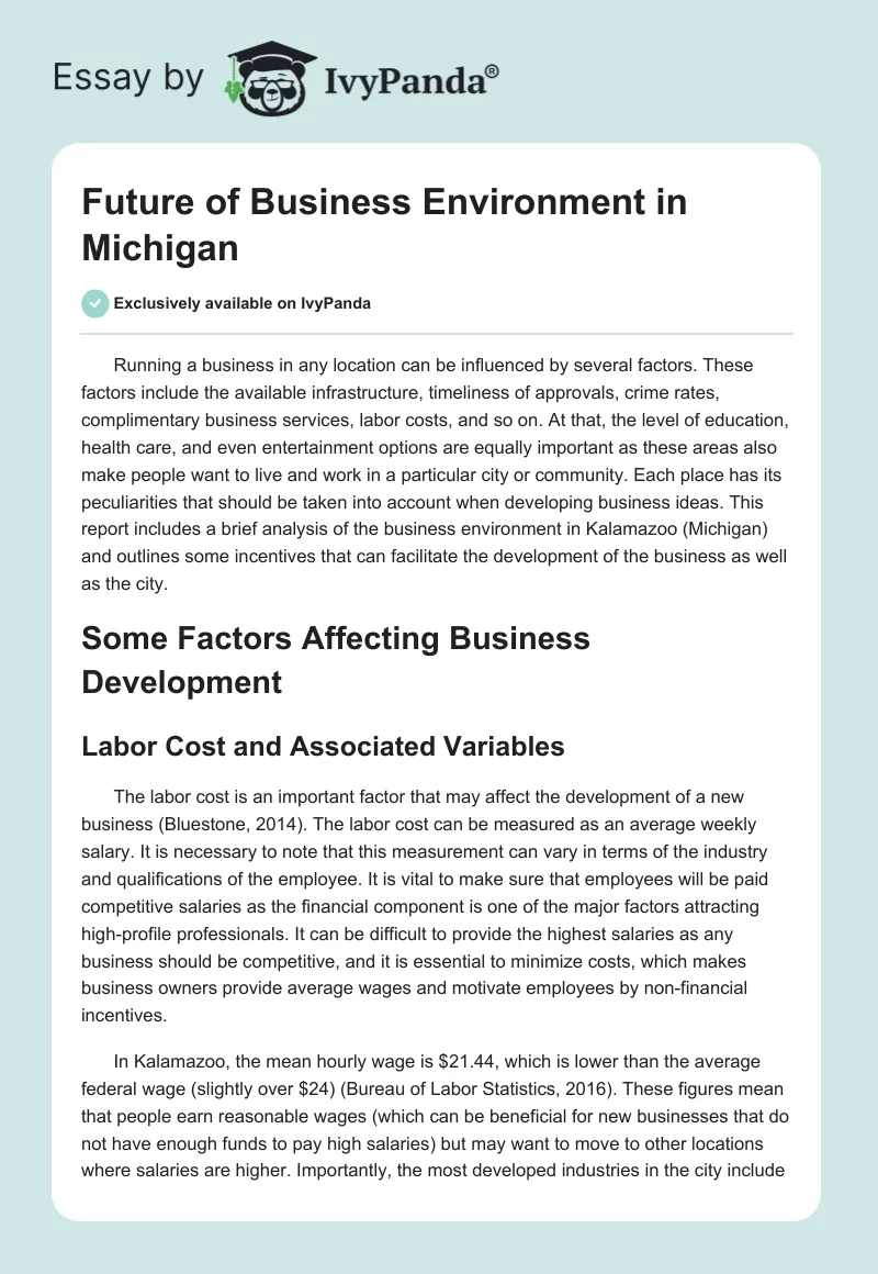 Future of Business Environment in Michigan. Page 1