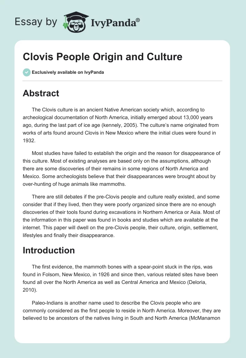 Clovis People Origin and Culture. Page 1