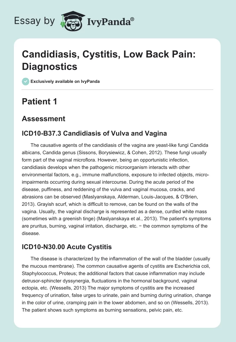 Candidiasis, Cystitis, Low Back Pain: Diagnostics. Page 1