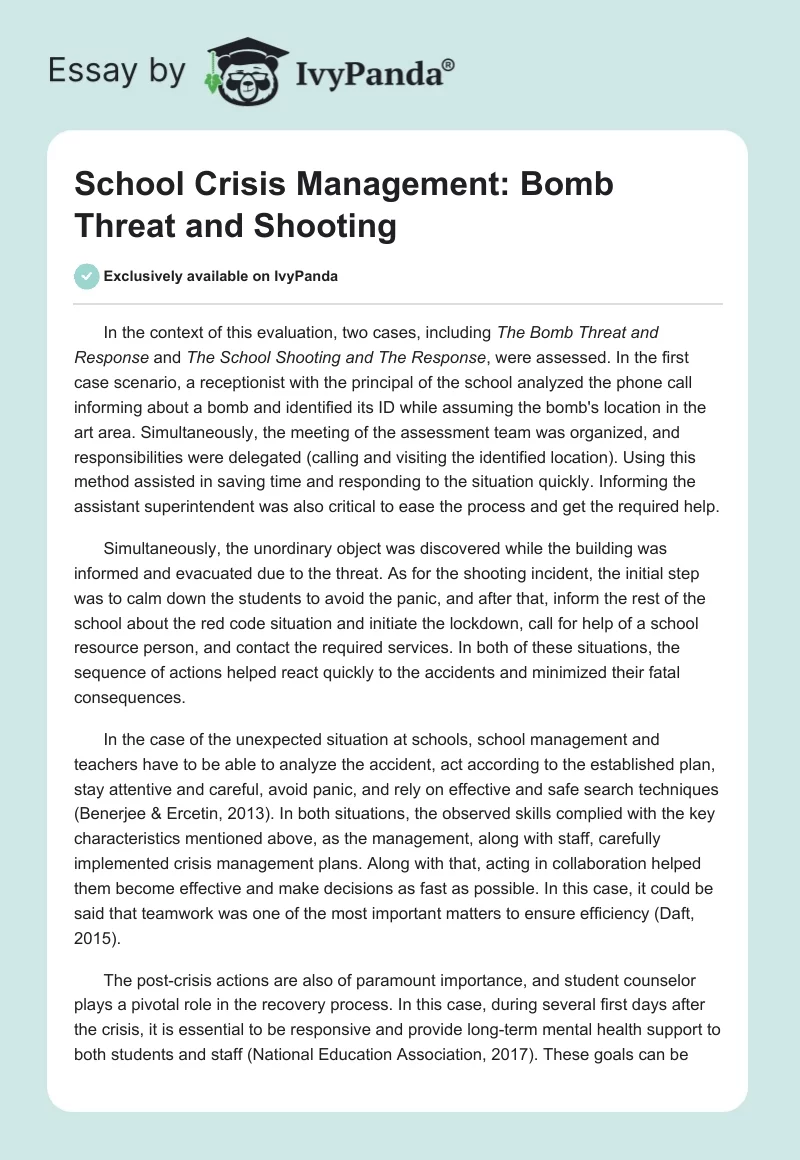 School Crisis Management: Bomb Threat and Shooting. Page 1