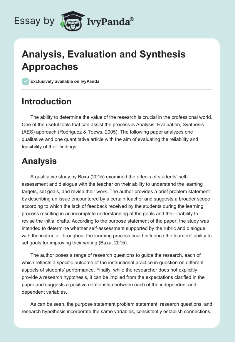 Analysis, Evaluation and Synthesis Approaches. Page 1