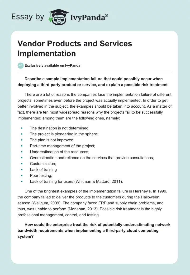 Vendor Products and Services Implementation. Page 1