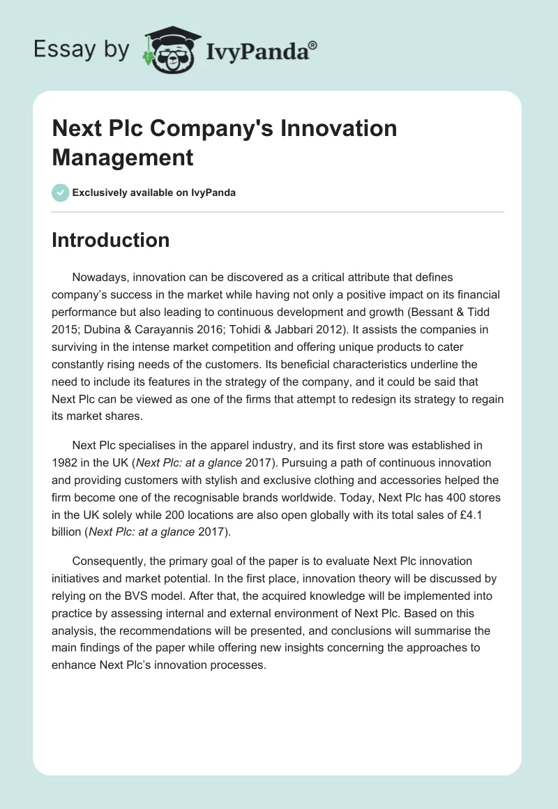 Next Plc Company's Innovation Management. Page 1