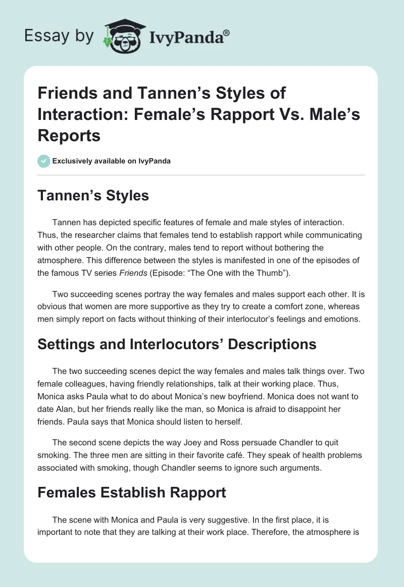 Friends and Tannen’s Styles of Interaction: Female’s Rapport Vs. Male’s Reports. Page 1