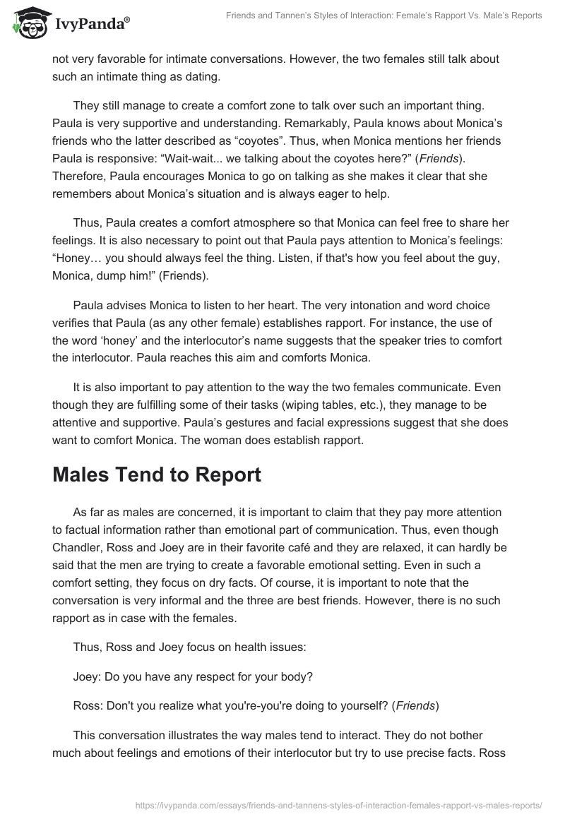 Friends and Tannen’s Styles of Interaction: Female’s Rapport Vs. Male’s Reports. Page 2